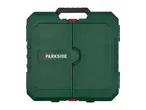 Closed green toolbox with a black handle and red latches, featuring a textured surface.