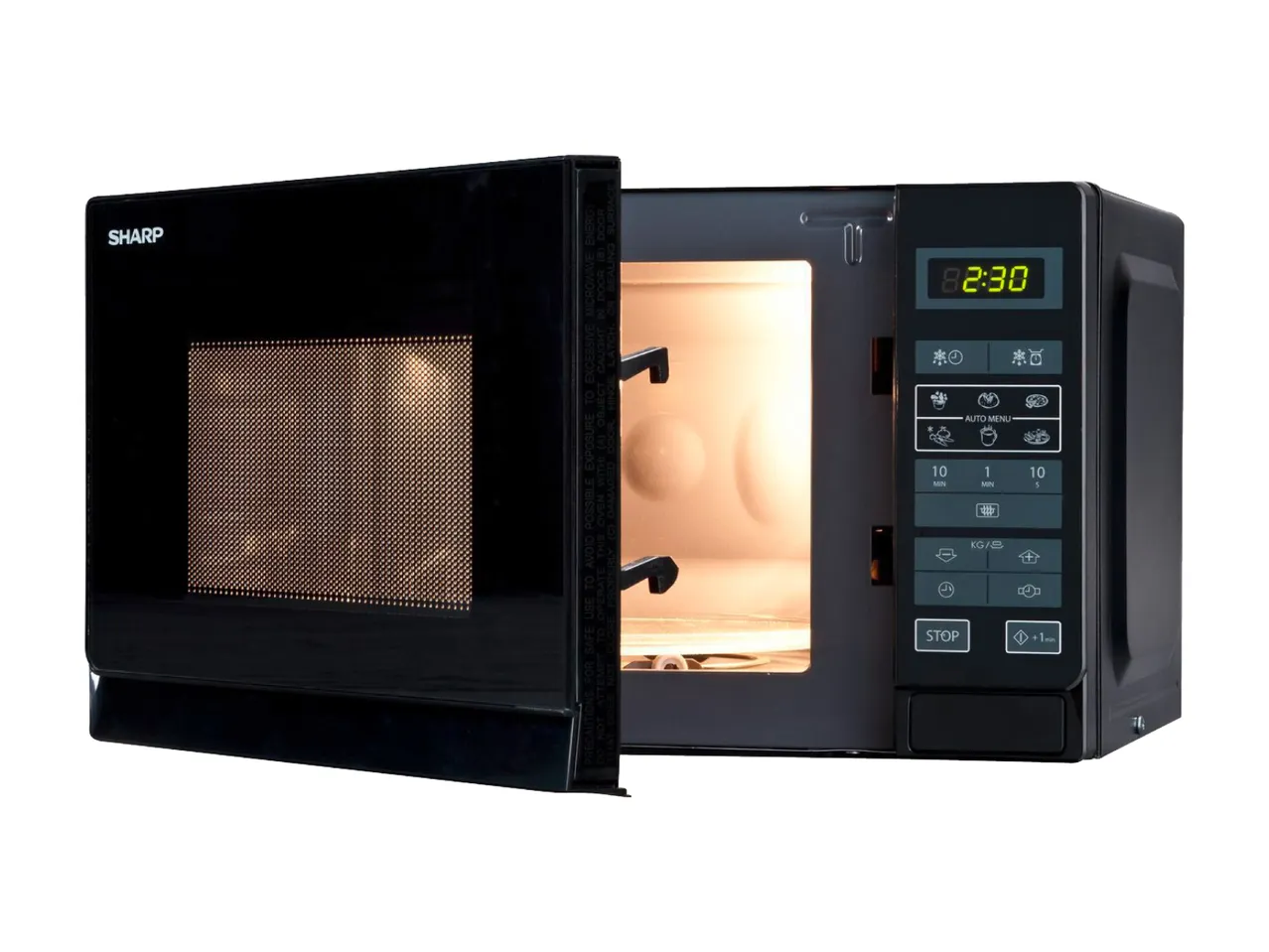 A black Sharp microwave oven with the door open, showcasing its interior.