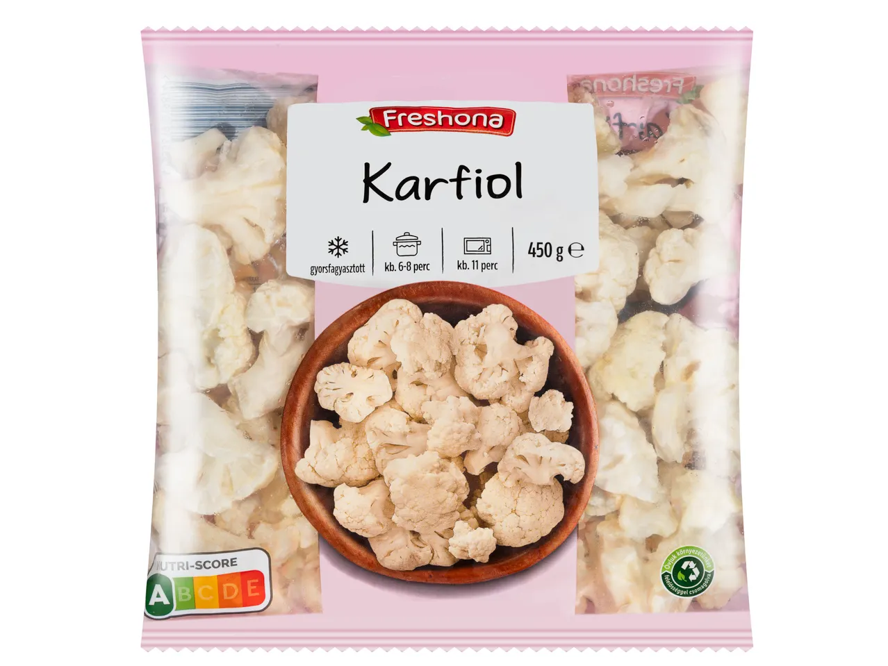 FRESHONA Karfiol (karfiol) 450g-os csomagban, gyorsfagyasztott, főzési útmutatóval.