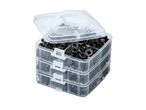 Three stackable plastic containers filled with Fastening Clips and Cable Ties
