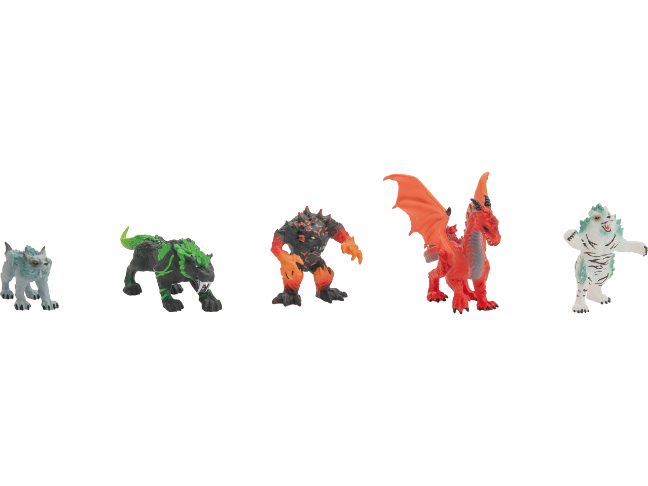 Set de 5 figurine animale: lup gri, tigru verde, monstru de lavă, dragon roșu și tigru alb.