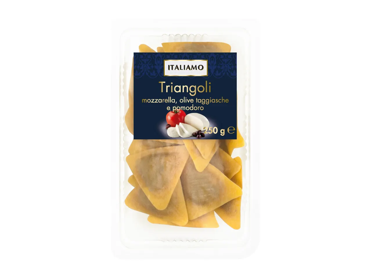 Fresh pasta triangles with mozzarella, Taggiasca olives, and tomato in a clear tray.