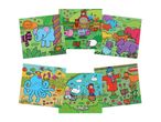 Eight colorful children's puzzle pieces featuring animals and scenes.