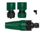 Green and black garden hose connectors and a spray nozzle, displayed on a white background.