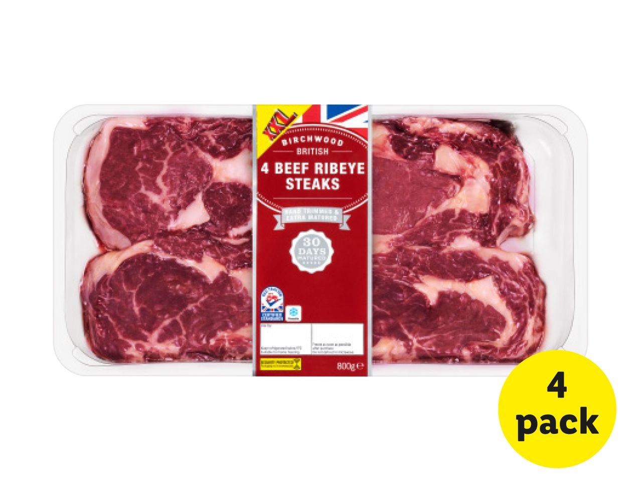 Birchwood British 4 Beef Ribeye Steaks, 30 days matured, 800g