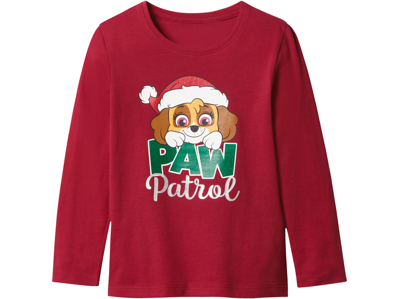 Raudoni mergaičių marškinėliai ilgomis rankovėmis su Skye iš „Paw Patrol“ ir Kalėdų kepure