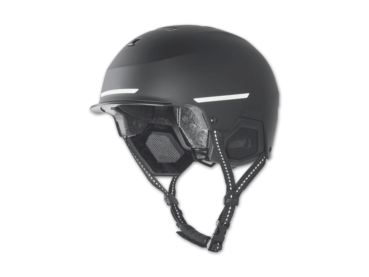 Ein schwarzer Fahrradhelm mit reflektierenden Streifen und verstellbaren Riemen.