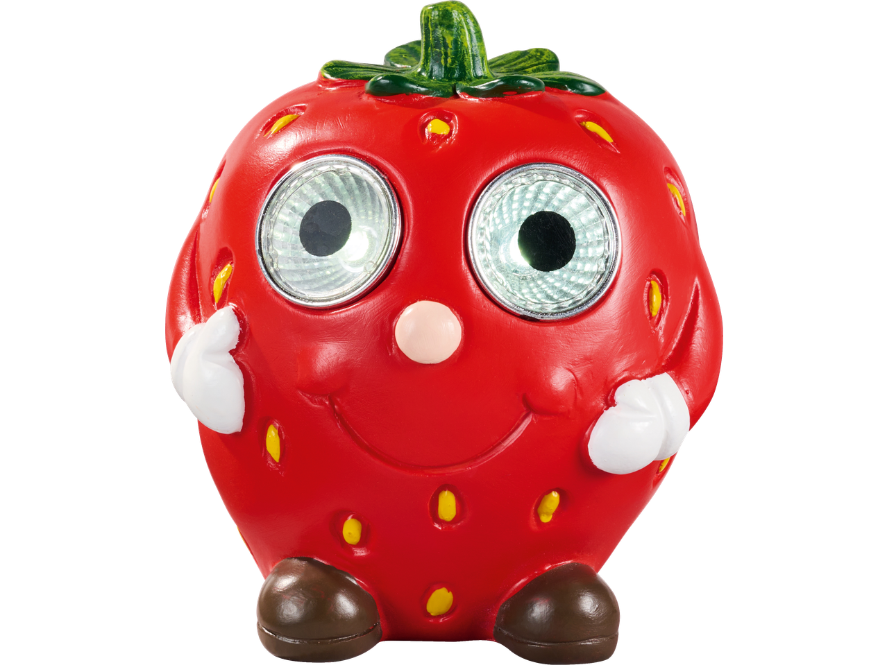 Ηλιακό φανάρι LIVARNO σε σχήμα φράουλας με φωτεινά μάτια και χαμόγελο.