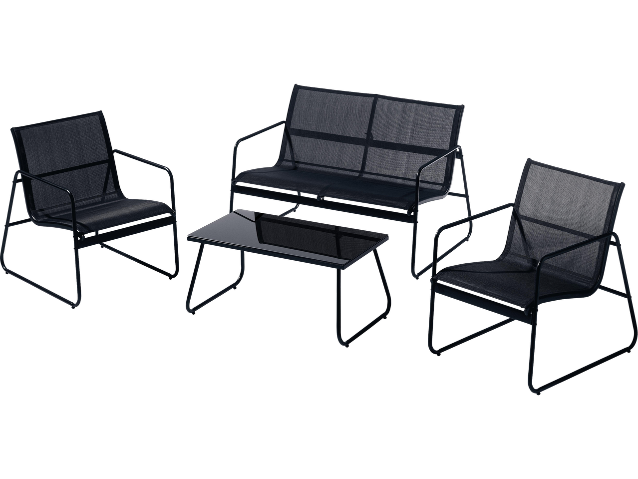 Fekete kerti bútor szett: két fotel, egy kétszemélyes kanapé és egy dohányzóasztal.