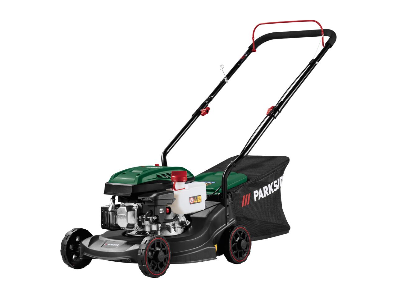 Green and black petrol lawnmower with a grass collection bag.