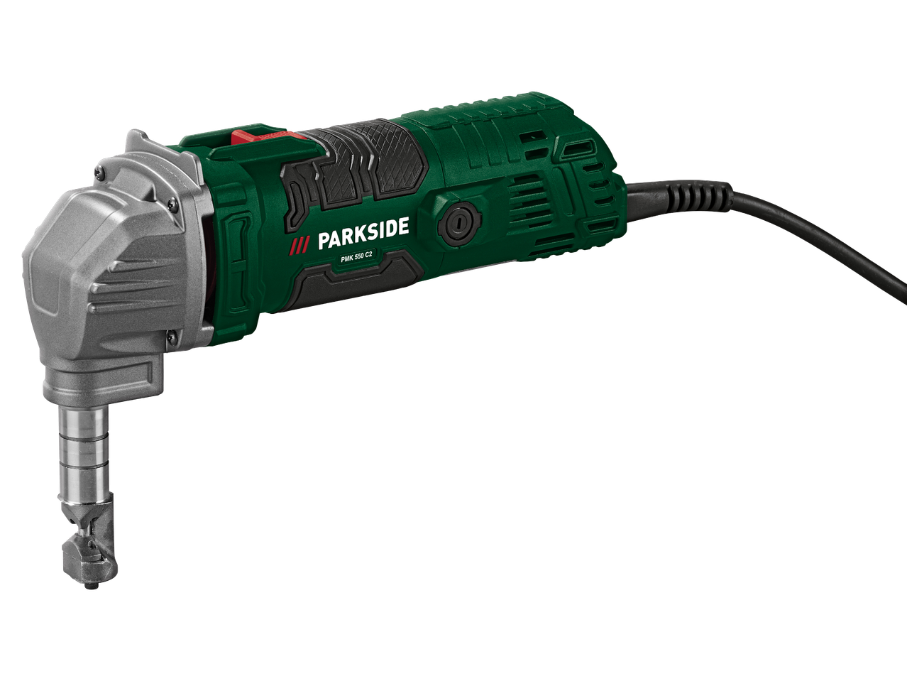 Електрическа ножица за ламарина Parkside PMK 550 C2 в зелено и сиво.