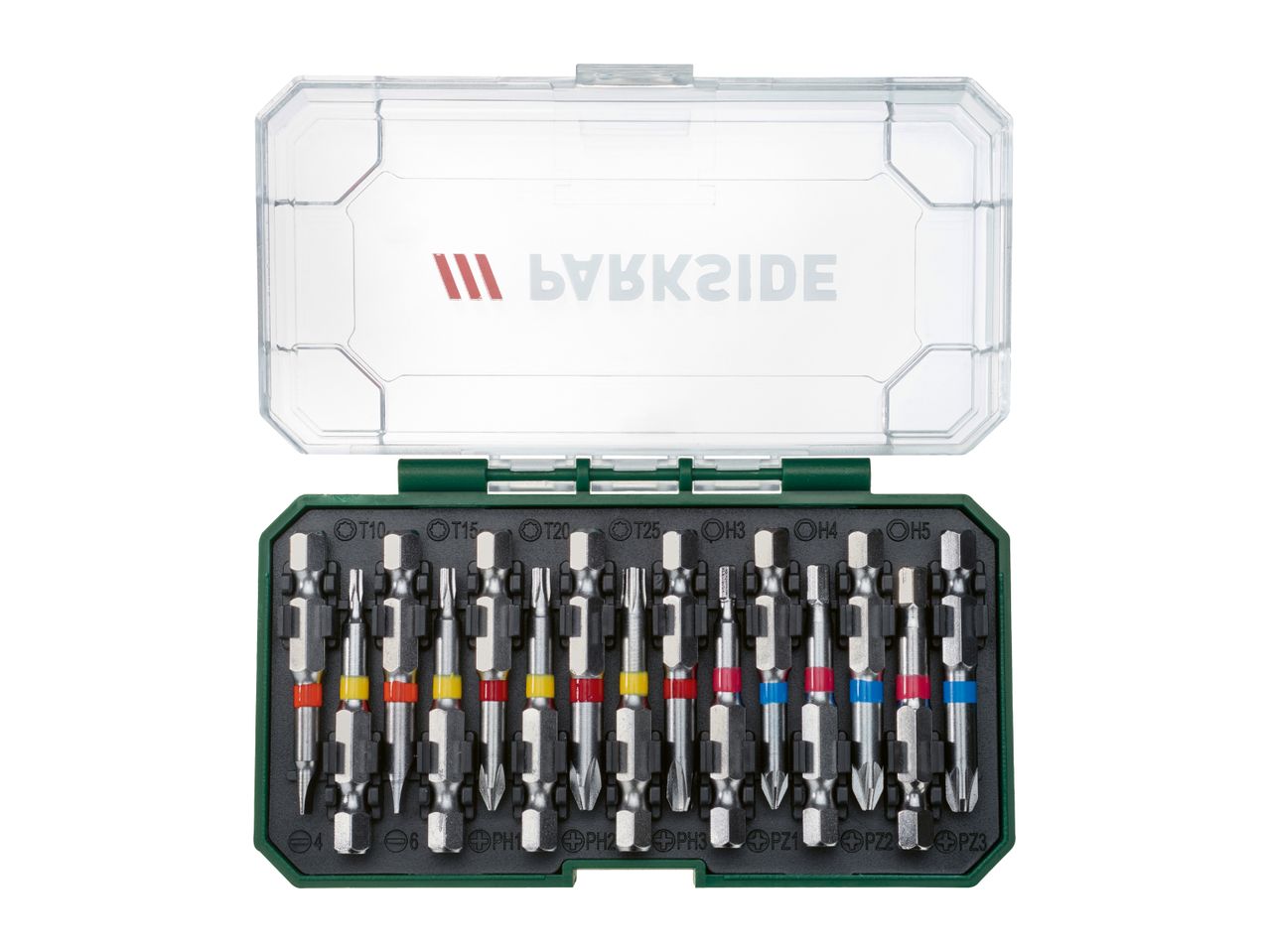 Parkside bit set with various screwdriver bits in a green and clear plastic case.