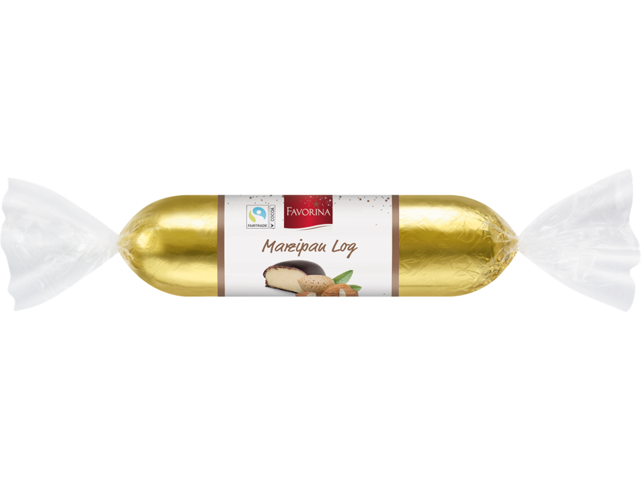 Favorina Marzipan Log auksiniame ir baltame įpakavime