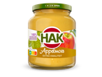 Pot appelmoes met een etiket met appels en bladeren, en de tekst '100% natuurlijke ingrediënten'.