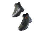 Pair of green and black hiking boots with orange accents