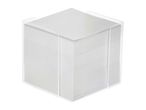 A clear acrylic holder filled with a stack of white square memo papers.