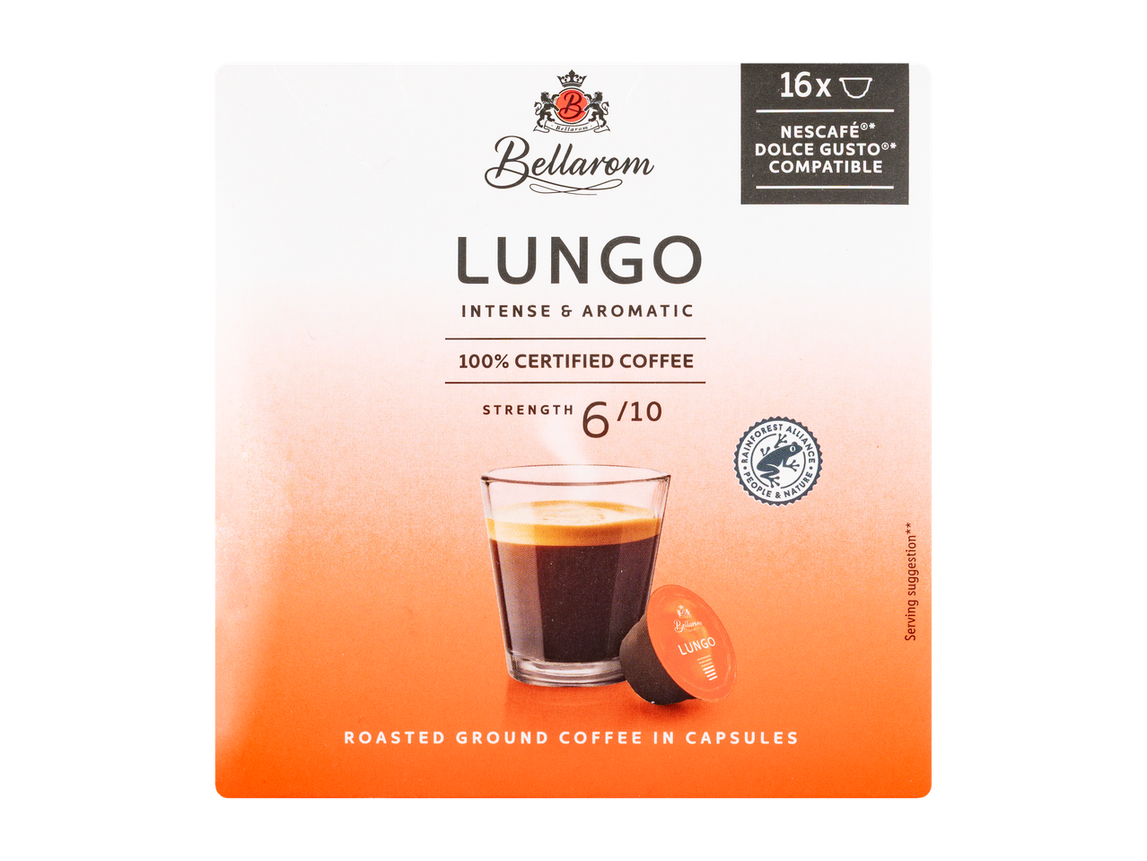 Capsule de cafea Bellarom Lungo, compatibile Nescafé Dolce Gusto.