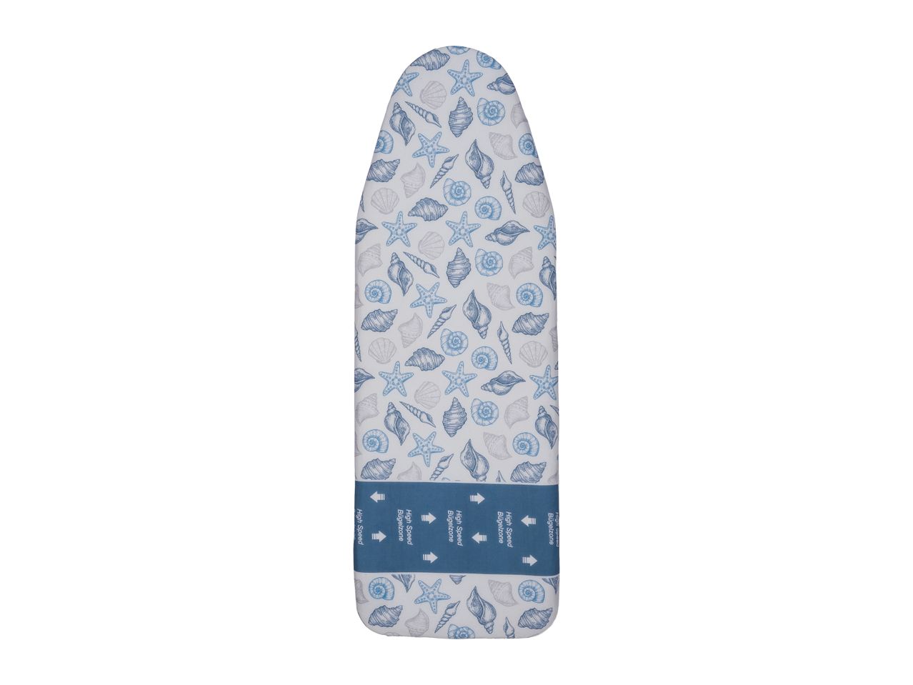 Ironing board with a blue and white seashell pattern and a 'High Speed Bügelzone' band.