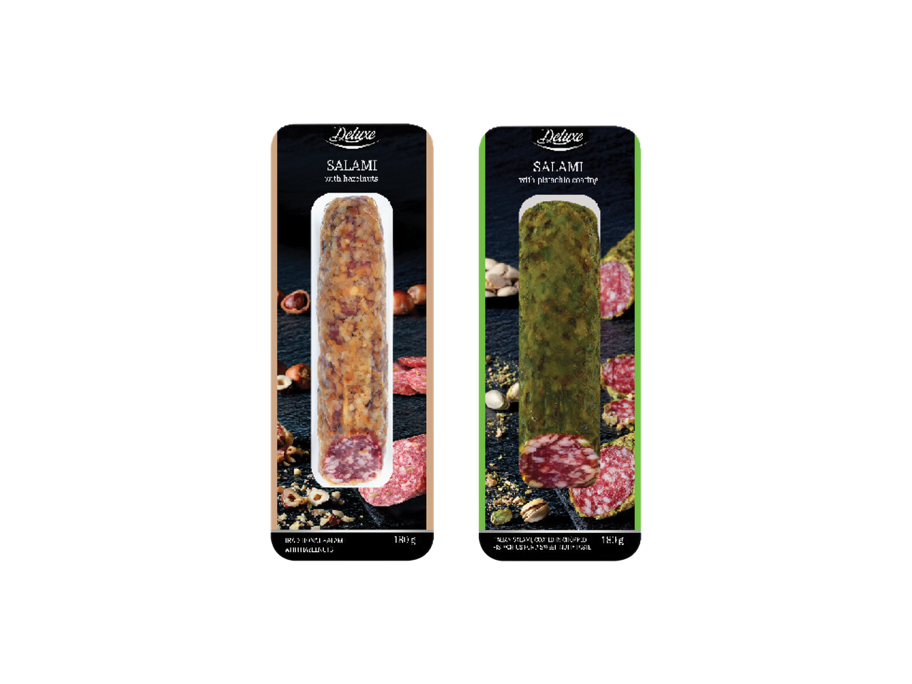 Du „Deluxe“ saliamio pakeliai: vienas su lazdyno riešutais, kitas su pistacijomis.