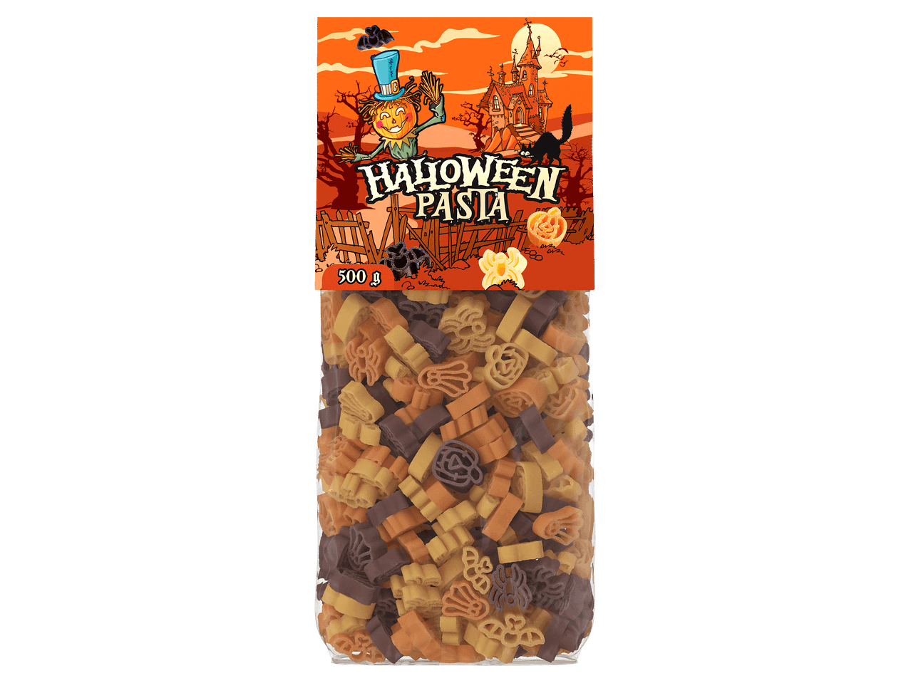 500 g-os halloweeni tészta narancssárga, fekete és sárga színű, ünnepi formákkal.