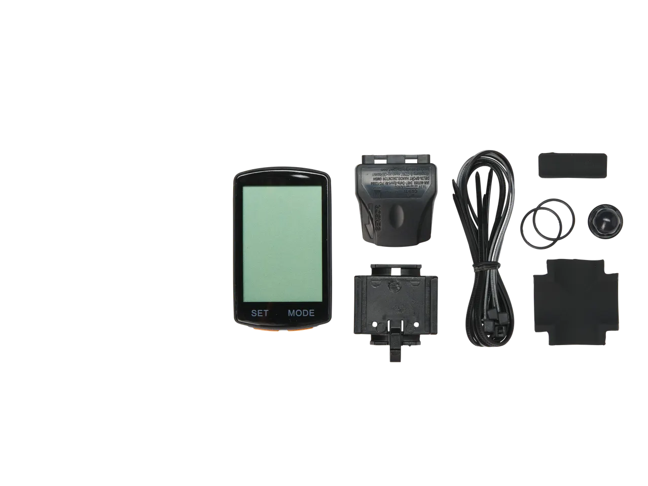Ciclocomputer wireless CRIVIT și accesorii, inclusiv senzor și suporturi.