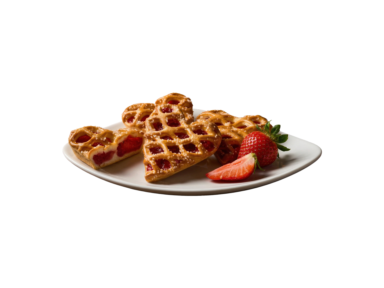 Pateuri în formă de inimă cu căpșuni și căpșuni proaspete pe o farfurie albă.