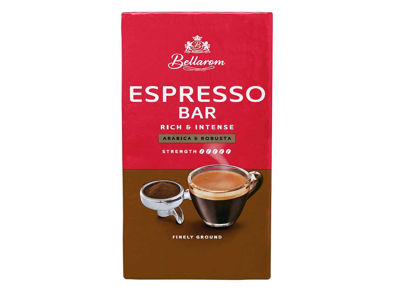 Опаковка кафе еспресо с надпис „RICH & INTENSE ARABICA & ROBUSTA“, показваща чаша кафе и портафилтър.