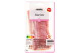 Embalagem de bacon fatiado com rótulo rosa e informações nutricionais.