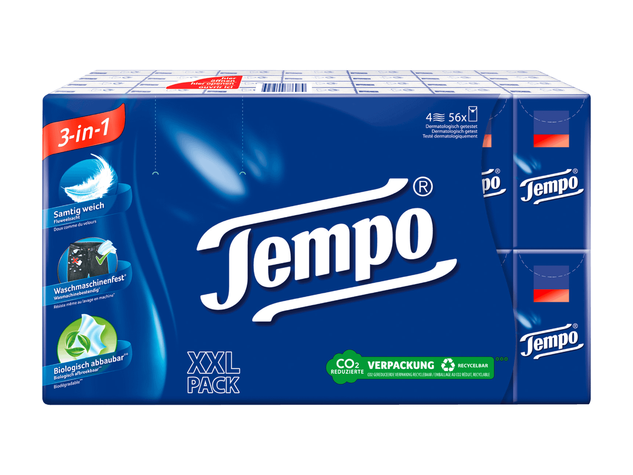 Tempo 3-in-1 Taschentücher XXL-Packung: samtig weich, waschmaschinenfest, biologisch abbaubar.