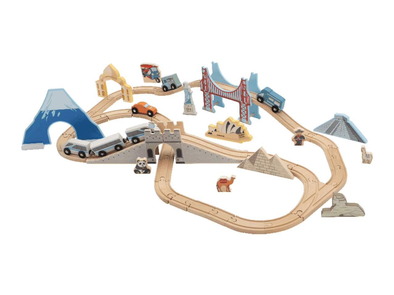 Medinis traukinio bėgių rinkinys su pasaulio orientyrais ir transporto priemonėmis.