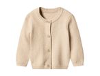 Beige knitted baby cardigan with round neck and wooden buttons.