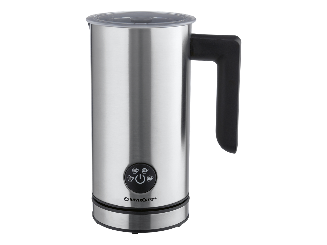 Aparat za pjenjenje mlijeka od nehrđajućeg čelika s crnom ručkom i gumbima za funkcije.