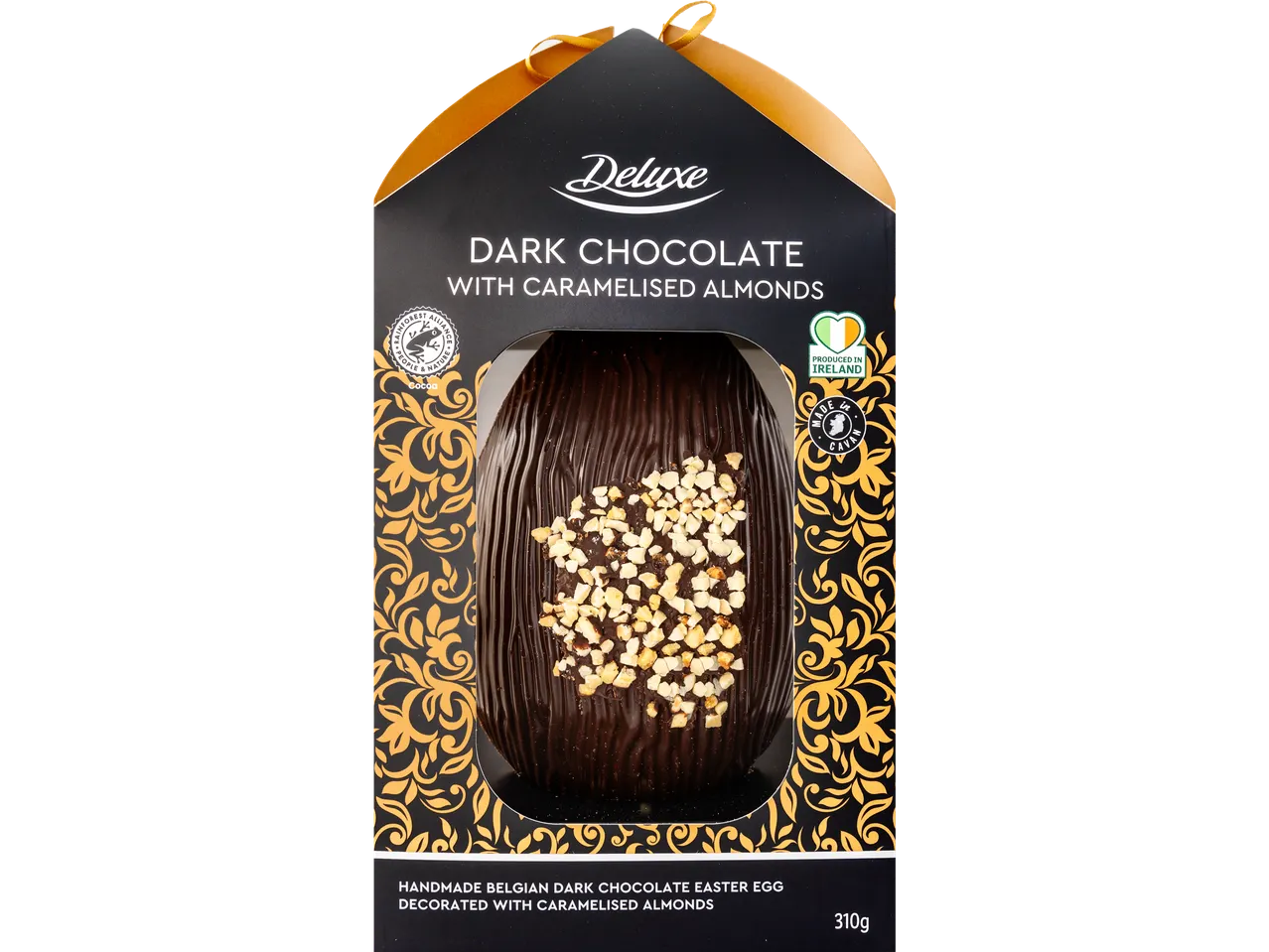Belgian dark chocolate Easter egg with caramelised almonds.