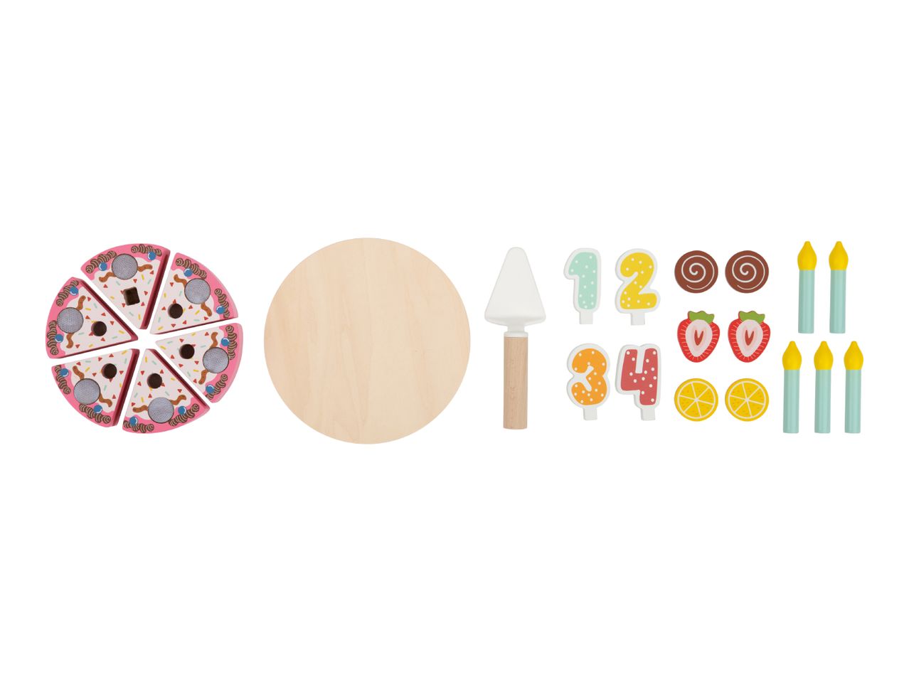 A toy birthday cake set with slices, a wooden base, candles, numbers, and fruit decorations.