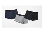 Three pairs of men's boxer briefs in navy, black, and gray.