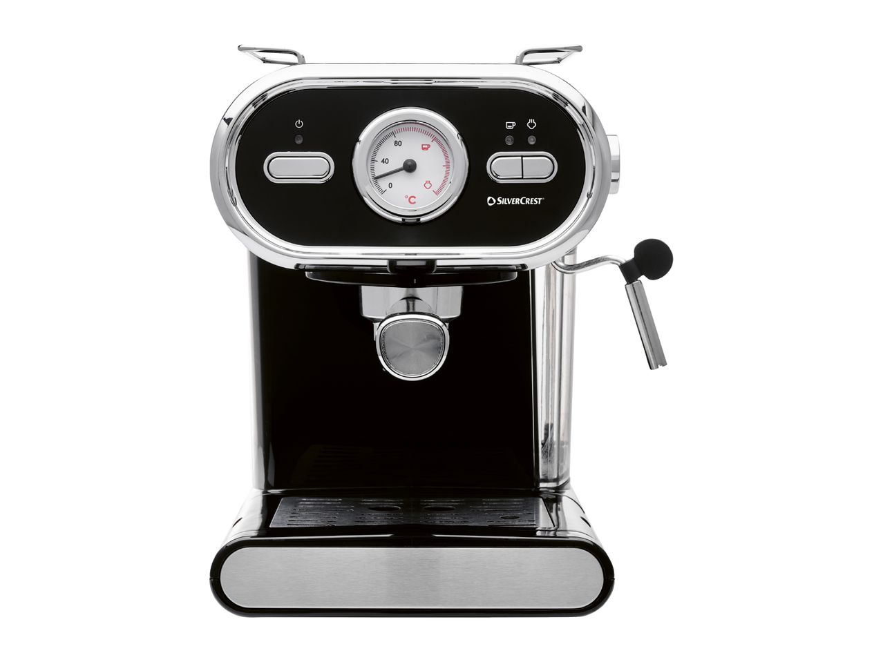 Black and chrome SilverCrest espresso machine with a temperature gauge.
