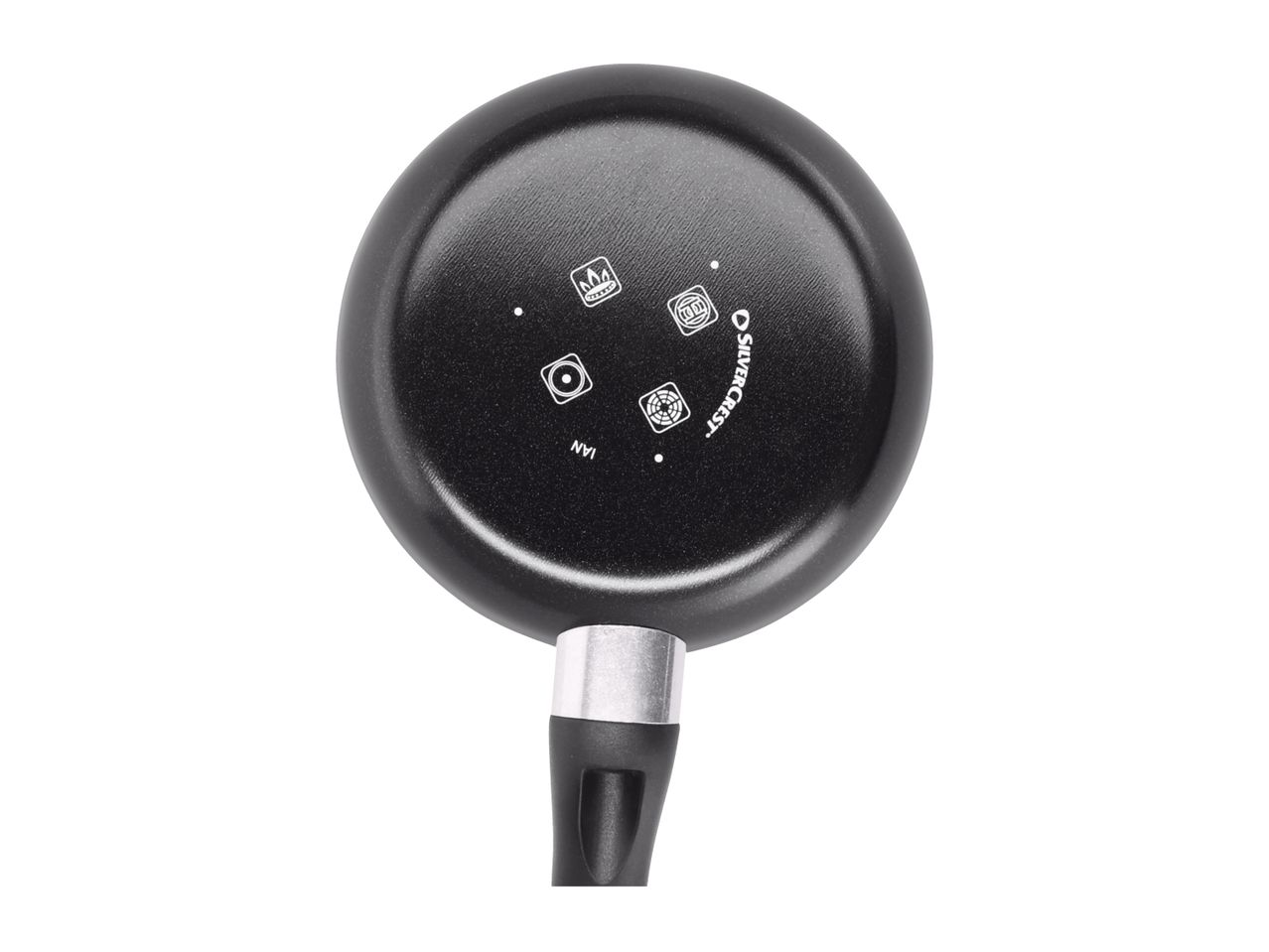Bottom of a black frying pan with various cooking hob compatibility symbols and product information.