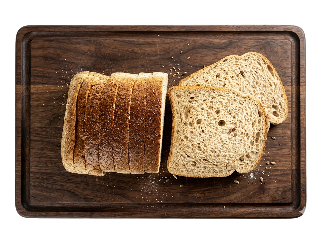 Supjaustyta Klaipėdos Duona Forminė plikyta duona ant medinės pjaustymo lentos.