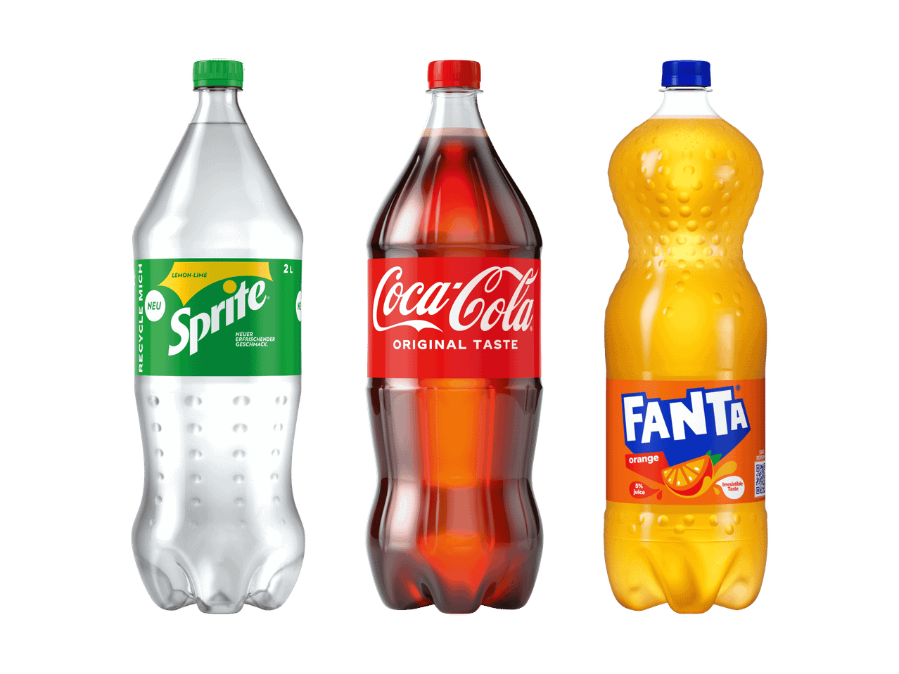 Coca-Cola, Sprite und Fanta Flaschen in 2 Liter Größe.