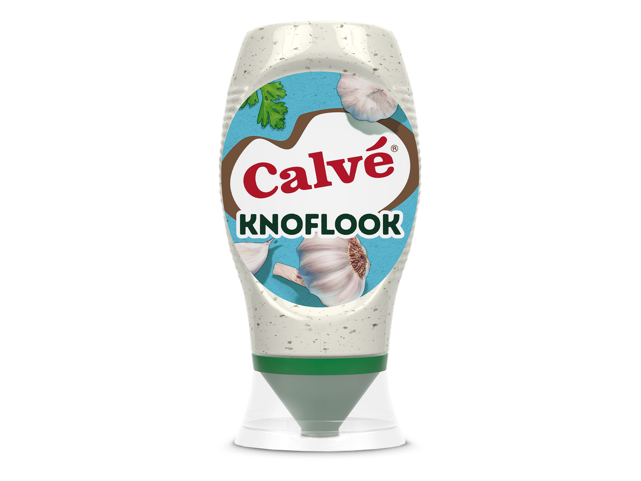 Knoflooksaus in een witte knijpfles met een blauw etiket en afbeeldingen van knoflook en peterselie.