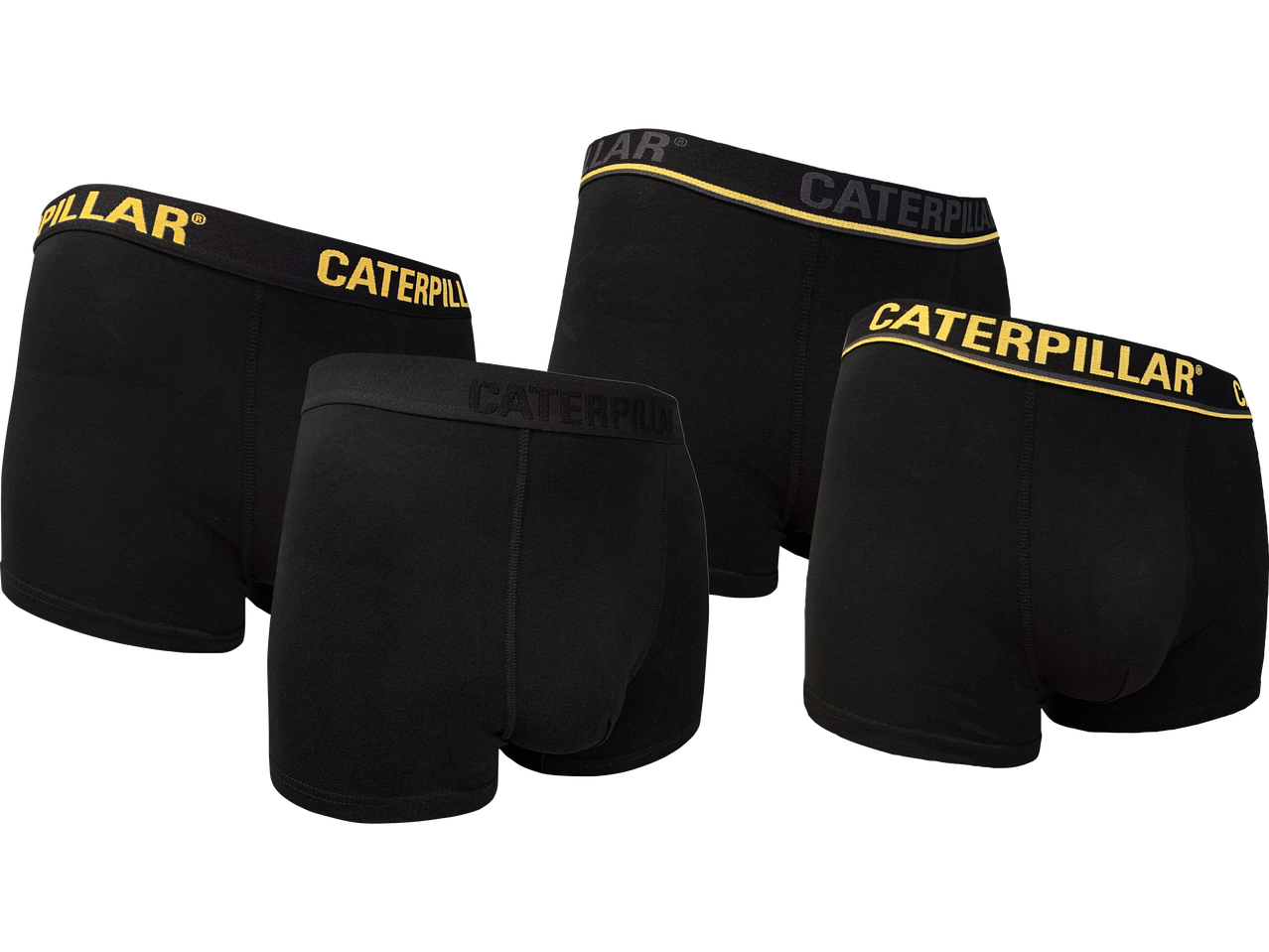 Fyra svarta Caterpillar-boxershorts med gul logotyp på linningen.