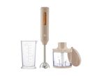 A beige immersion blender with a measuring cup and a food chopper attachment.