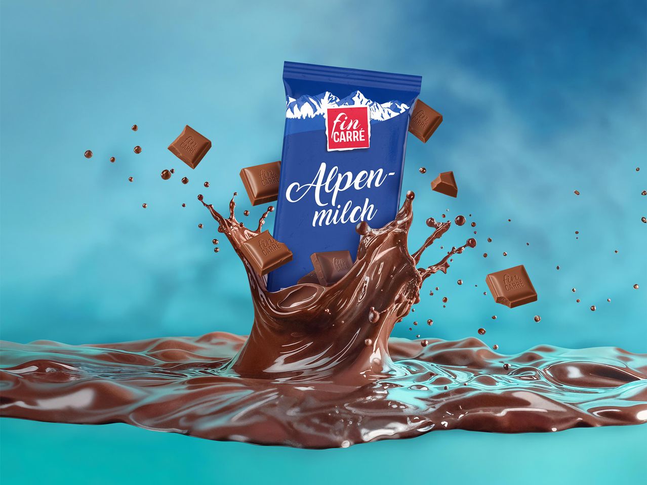 Fin Carré Alpenmilch csokoládé, csokidarabokkal és fröccsenő csokoládéval.