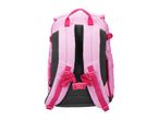 Back view of a pink backpack with black mesh padding and adjustable straps.