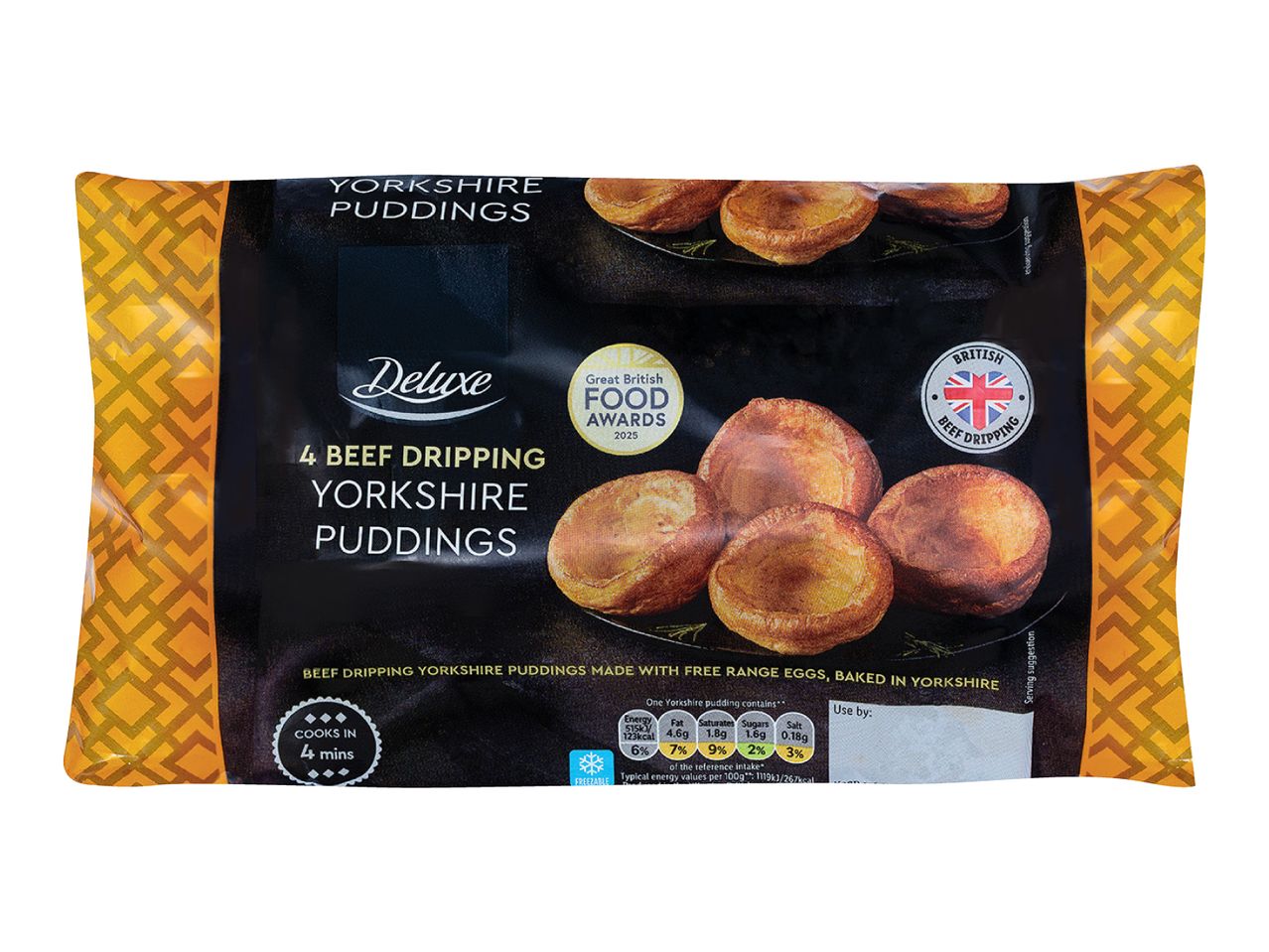 Packaging for 4 beef dripping Yorkshire puddings, featuring a Great British Food Award.