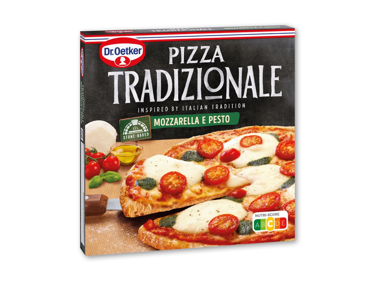 Pizza Tradizionale Mozzarella og Pesto, stenovnsbagt, med Nutri-Score C.