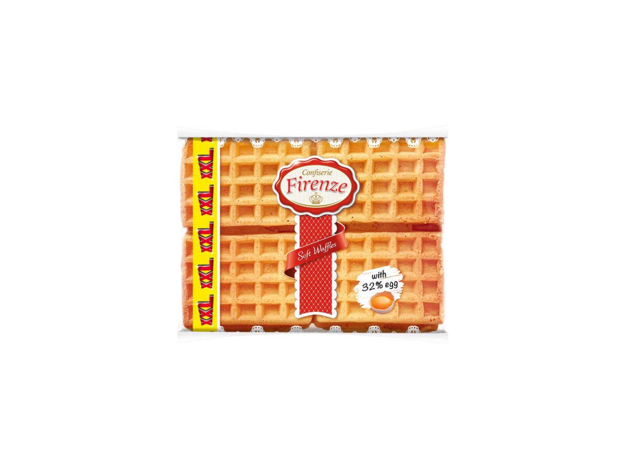 Pakovanje vafla „Confiserie Firenze“ sa natpisom „Soft Waffles“ i „with 32% egg“.