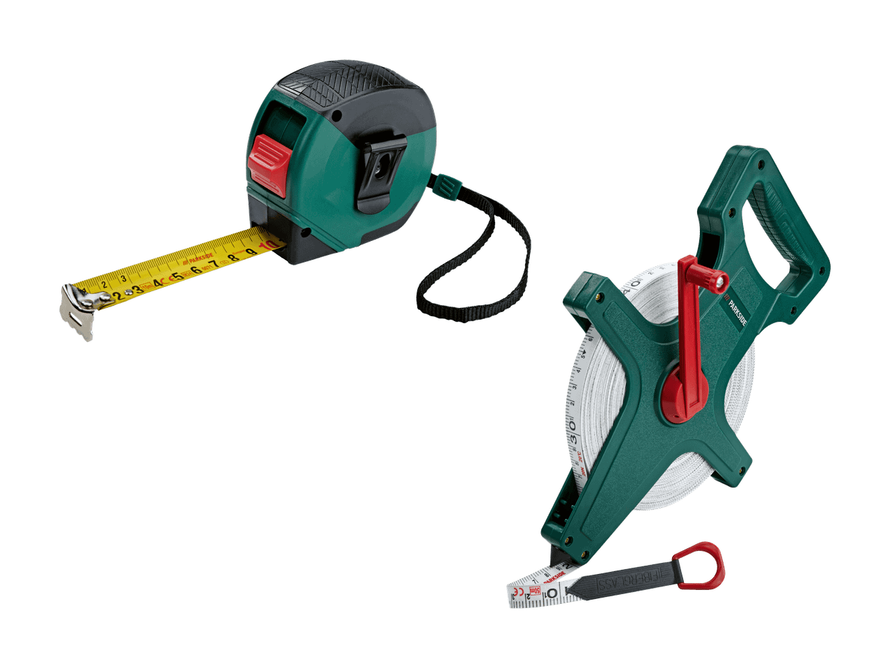 Un metro a nastro compatto e un metro a nastro lungo in fibra di vetro.