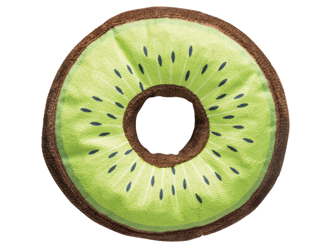 A plush kiwi-shaped dog toy with a hole in the center.
