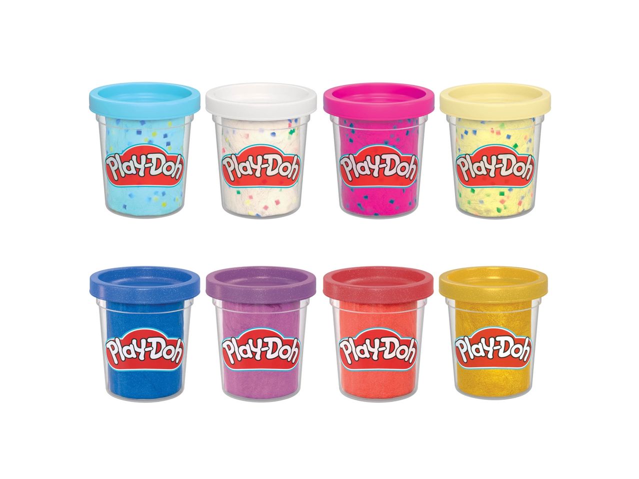 Eight containers of Play-Doh in various colors, some with confetti-like specks.